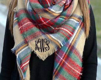 Monogrammed Blanket Scarf Tan Plaid