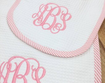 Pink Seersucker Bib and Burp Cloth Set Monogrammed