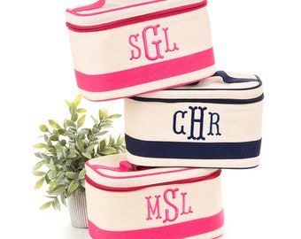 Monogrammed Canvas Train Cases in Navy or Pink Trim