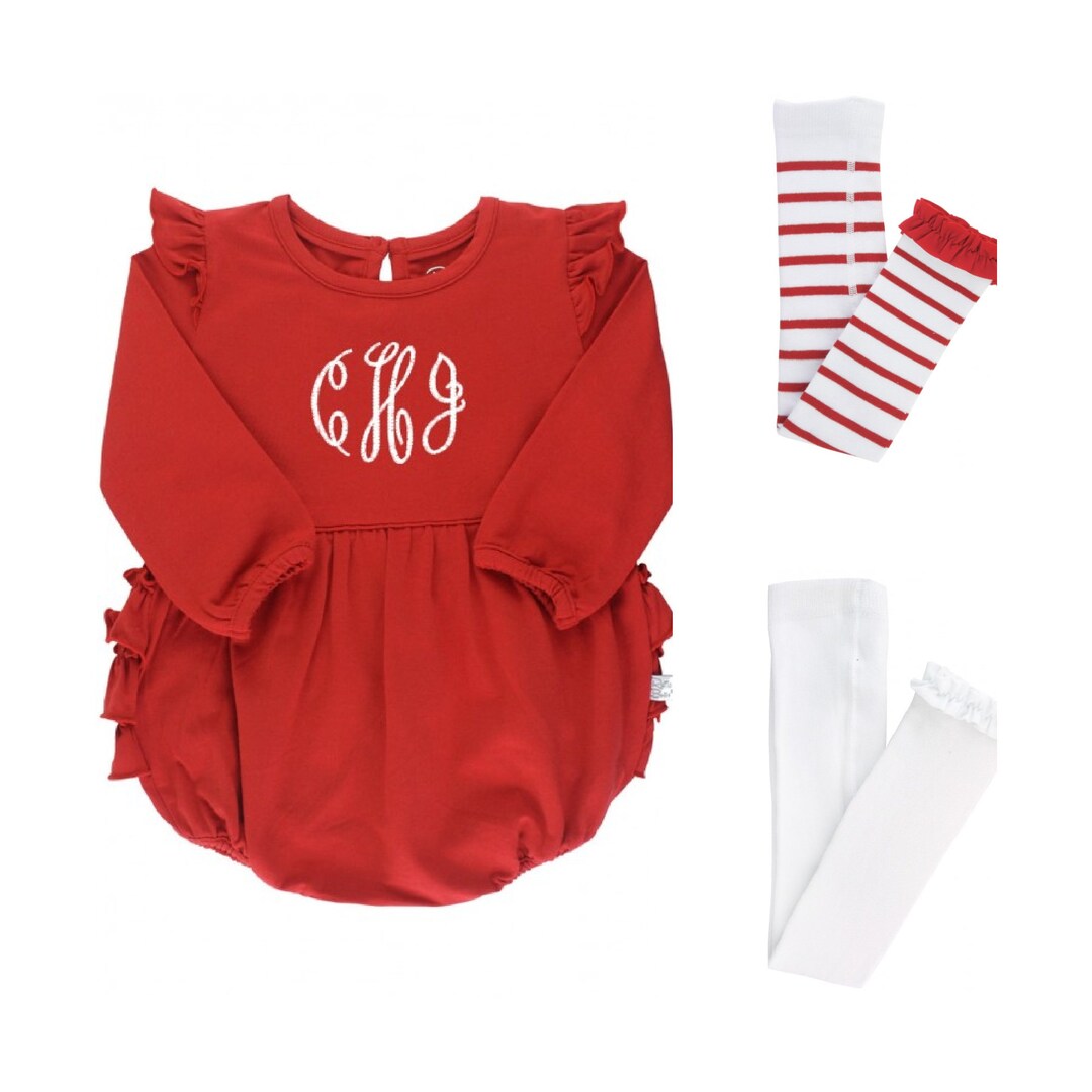 Baby Girl Holiday Bubble Romper in Red Ruffle Butt With Monogram and