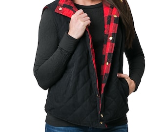 Buffalo Plaid Vest Women's Reversible Red and Black Plaid Puffer Vest