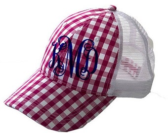 Monogrammed Baseball Hat Pink Gingham Truckers Hat Personalized Ball Cap Women’s Hat Pink Plaid Hat