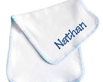 Monogrammed Burp Cloth for Baby Boy with Blue Stitching