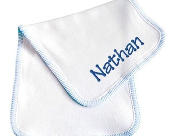 Monogrammed Burp Cloth for Baby Boy with Blue Stitching