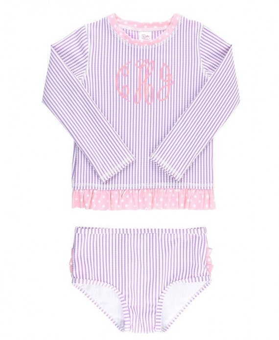 Girls Seersucker Bikini Rash Guard Swimsuit in Lilac