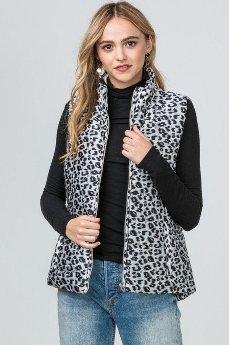 Leopard Puffer Vest Monogrammed Women\u2019s Puffer Vest Black and Gray Leopard Print Outerwear