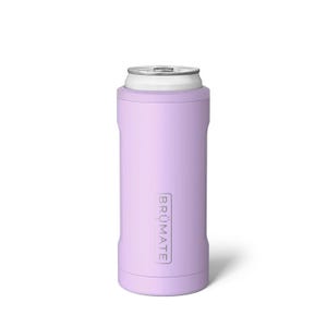May include: A lavender-colored insulated can cooler with the word "BRÜMATE" printed on the side.