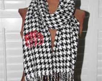 Monogrammed Scarf - Houndstooth Black and White Cashmere Feel Scarf Bridesmaids Scarves Wedding Party Gifts Teachers Gifts