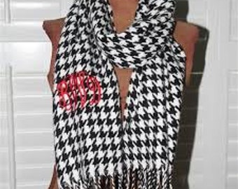 Monogrammed Scarf - Houndstooth Black and White Cashmere Feel Scarf Bridesmaids Scarves Wedding Party Gifts Teachers Gifts