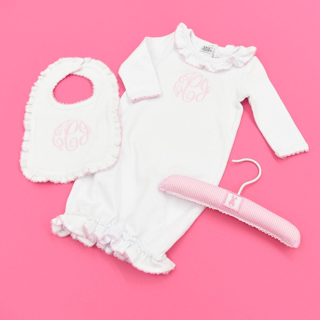 Pink Ruffle Bib Monogrammed Baby Bib: Pink Ruffle Trim, Pima Cotton - Etsy