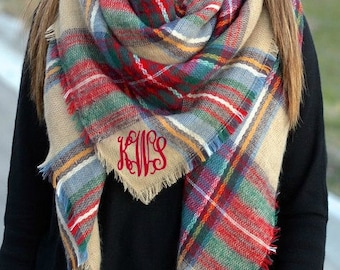 Tartan Tan Plaid Blanket Scarf Monogrammed Scarf Holiday Plaid Scarf Personalized Scarf