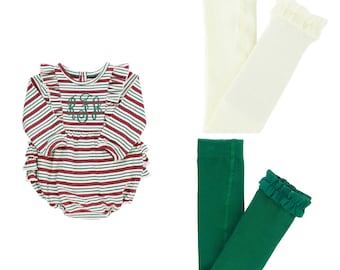 Baby Girl Christmas Bubble Romper in Peppermint Stripes with Monogram and Footless Tights Outfit for Baby and Toddler Girls