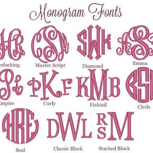 Może przedstawiać: Wykres przedstawiający r&oacute;żne style czcionek do monogram&oacute;w, w tym Interlocking, Master Script, Diamond, Emma, Empire, Curly, Fishtail, Circle, Seal, Classic Block i Stacked Block.