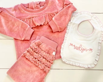 Baby Girls Jogger Set Pink Velour Toddler and Baby Girl Ruffled Jogger Set