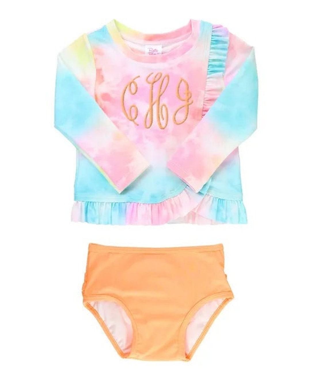 Girls Rash Guard Bikini Swimsuit in Rainbow Tie Dye Monogrammed for