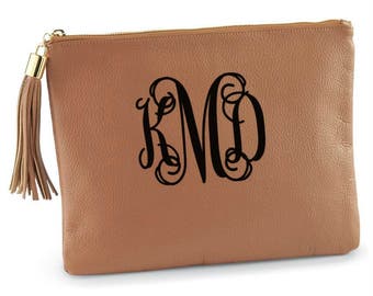 Monogrammed Leather Clutch Purse Cognac Leather Clutch Purse Personalized Tassel Handbag Genuine Leather