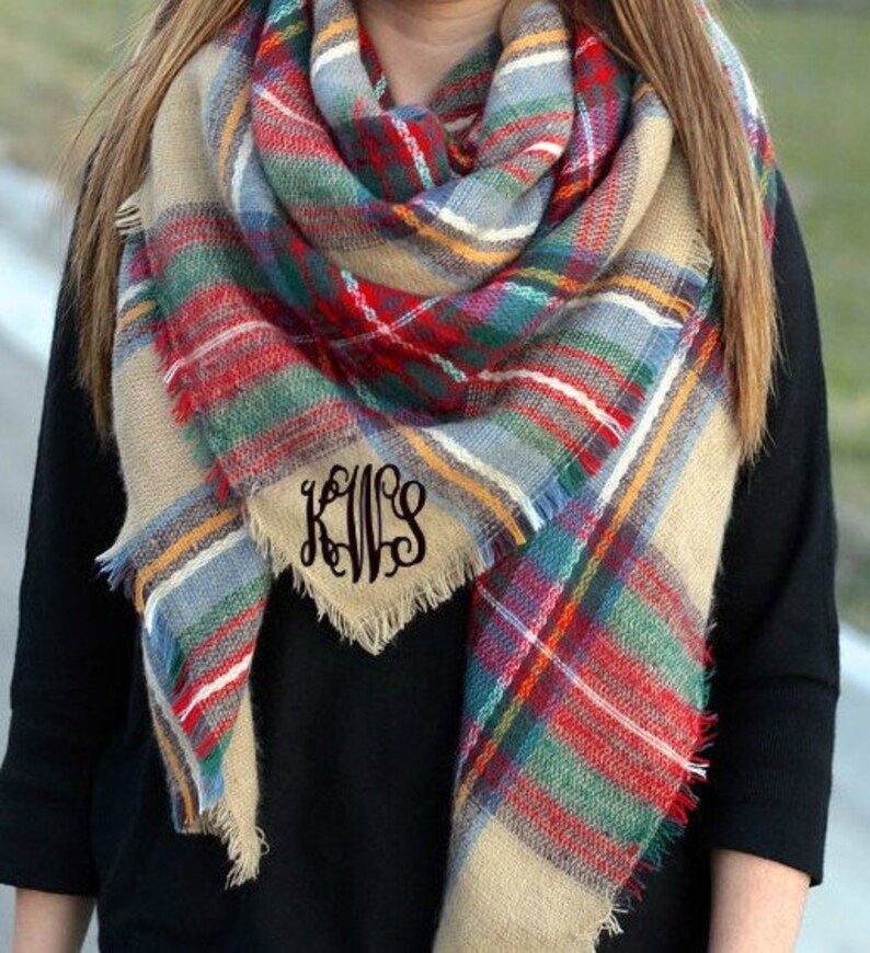 Tartan Tan Plaid Blanket Scarf Monogrammed Scarf Holiday ...