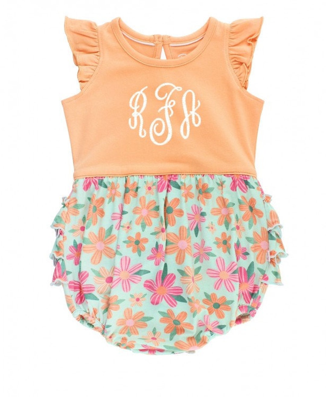 Monogrammed Bubble Romper in Spring Floral and Melon Baby Girl - Etsy