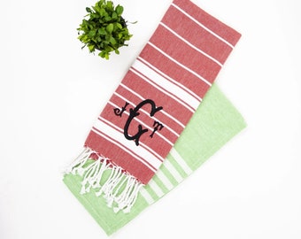 Monogrammed Holiday Dish Towel Red Stripe Guest Towel