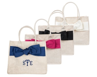 Linen Bow Tote Monogrammed Bridesmaids Tote Bag