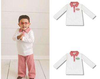 Monogrammed Boys Polo Style Long Sleeve  Gingham Collar Shirt