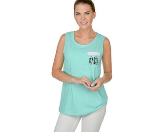 Women's Tank Top with Pocket Detail Monogrammed Sleeveless Shirt