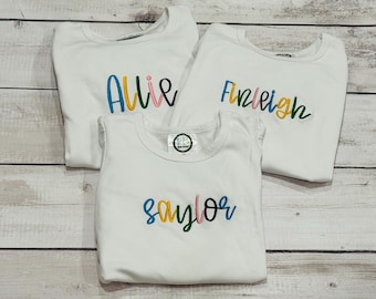 Monogrammed Ruffle Tee:  Girls Rainbow Font Long Sleeve Shirt