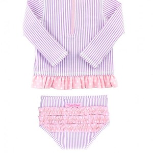 May include: A purple and white striped long-sleeved swimsuit with a pink polka dot ruffle trim. The swimsuit has a back zipper for easy changing. The matching bottoms are also purple and white striped with a pink ruffle trim.