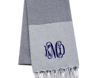 Monogrammed Turkish Towel Oversized Bath Towel Gray and White