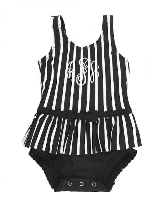 Baby Girls Swimsuit Black and White Stripes Skirted One Piece