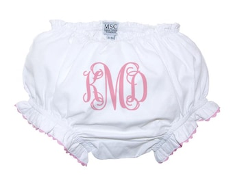 Monogrammed Diaper Cover Baby Girls Bloomers with Pink Trim