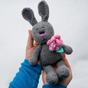 Gray crochet big bunny with pink flower