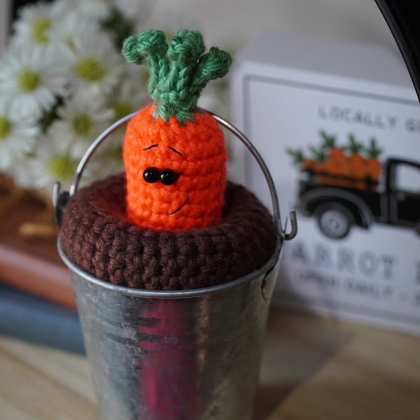 Tiny crochet carrot in a metal bucket tiered tray decor