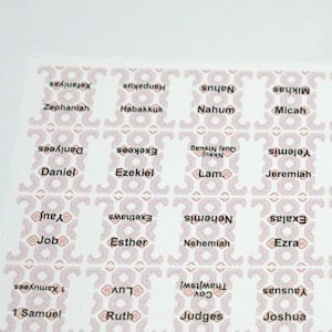 May include: A set of 36 small, white, rectangular stickers with a pink and white patterned background. Each sticker features a different book of the Bible in black text.