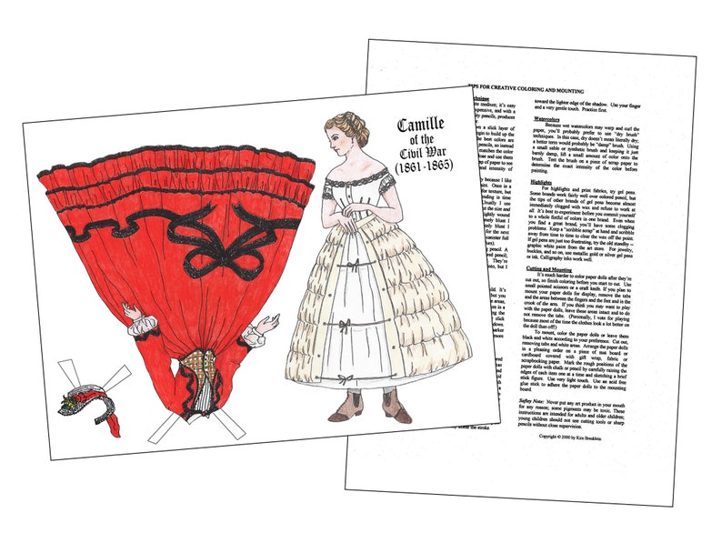 PAPER DOLL COLORING Page Civil War Camille Etsy