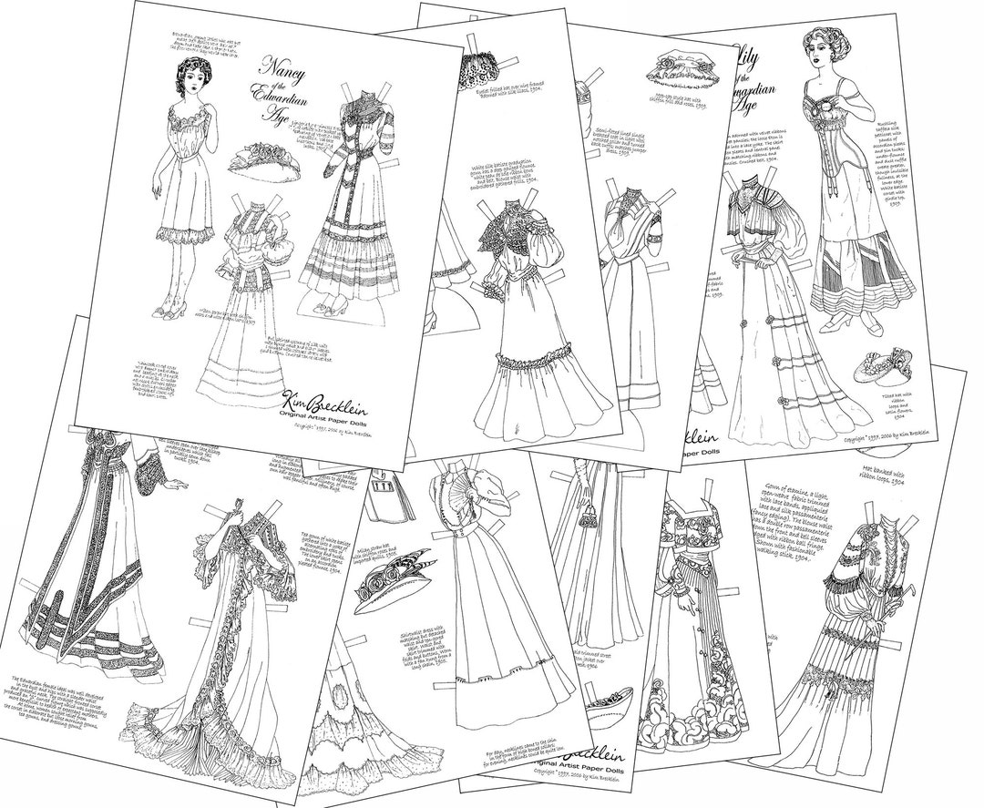 PAPER DOLL COLORING Pages Edwardian Era Bundle Helen, Lily, and Nancy ...
