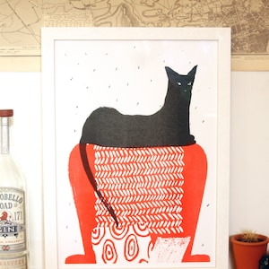 Black Cat - Original Risograph Print - Red & Black Cat Gift
