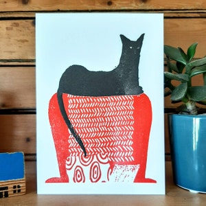 Carte Chat noir - Imprimée à la main - Carte de voeux - Typographie