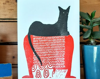 Cartão Gato Preto - Impresso à Mão - Cartão de Saudações - Impressão Tipográfica
