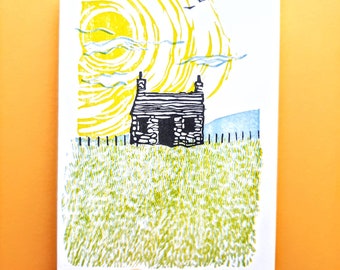 Stone Cottage Card - Bothy Illustration - Letterpress - Any Occasion Card - Blank Inside - Handmade