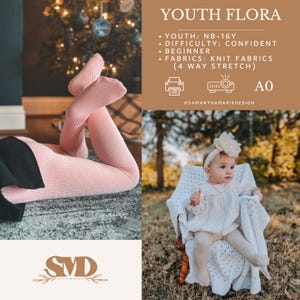 Puede incluir: Un patrón de leggings de tejido de punto rosa para bebés y niños pequeños. El patrón se llama Youth Flora y es para tejidos de punto con estiramiento de 4 vías. El patrón está disponible en tallas de recién nacido a 16 años. El patrón está clasificado como principiante seguro.