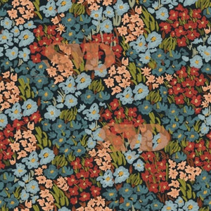 May include: A floral pattern featuring a dense arrangement of stylized flowers in shades of blue, red, and peach against a dark background. The design has a painterly quality, with visible brushstrokes and a textured appearance, suitable for fabric or wallpaper.
