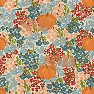 May include: A seamless pattern featuring orange pumpkins scattered among a floral arrangement. The flowers are in shades of blue, red, and peach, set against a cream background. The design evokes a fall or autumn theme.