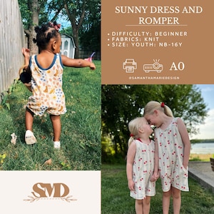 Pode incluir: Um molde de costura para vestido e macacão Sunny, incluindo um macacão sem mangas com estampa de sol e lua, e um vestido sem mangas com estampa de cerejas. O texto indica nível, tipo de tecido, tamanhos NB-16Y e formato A0.