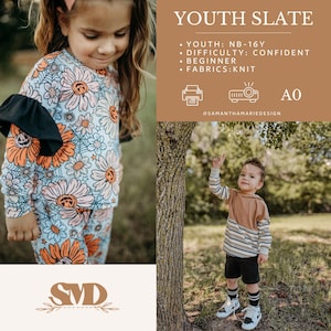 May include: Two children modeling clothing patterns. The girl is wearing a long-sleeved shirt and leggings with a floral and pumpkin print. The boy is wearing a striped long-sleeved shirt with a brown top and black shorts. The text "YOUTH SLATE" is in the background with details about the pattern: "YOUTH: NB-16Y", "DIFFICULTY: CONFIDENT", "BEGINNER", "FABRICS: KNIT". The text "AO" is also in the background.