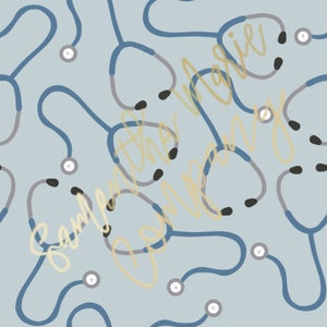 May include: A seamless pattern featuring blue and gray medical stethoscopes on a light blue background. The text "Sample the magic" is written in gold cursive across the pattern.