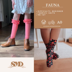 May include: A child is wearing pink leg warmers with frilled edges and brown boots. The right side of the image shows floral socks. The image also includes the text "FAUNA" and design details.