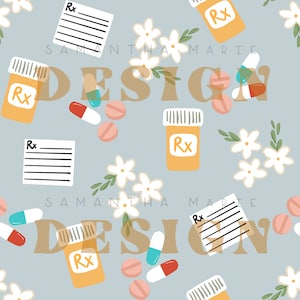 May include: A seamless pattern featuring a light blue background with white flowers, yellow pill bottles with the text "Rx", white prescription slips with the text "Rx", red and blue pills, and the text "SAMANTHA MARIE DESIGN" in brown.