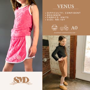 May include: A young person wearing a pink floral tank top and matching skirt with white trim. The text "VENUS" is at the top, with details about the pattern's difficulty, fabrics, and sizes. The logo "SVD" is at the bottom.