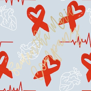 May include: A seamless pattern featuring red ribbon hearts, white outline hearts, and red EKG lines on a light blue background.